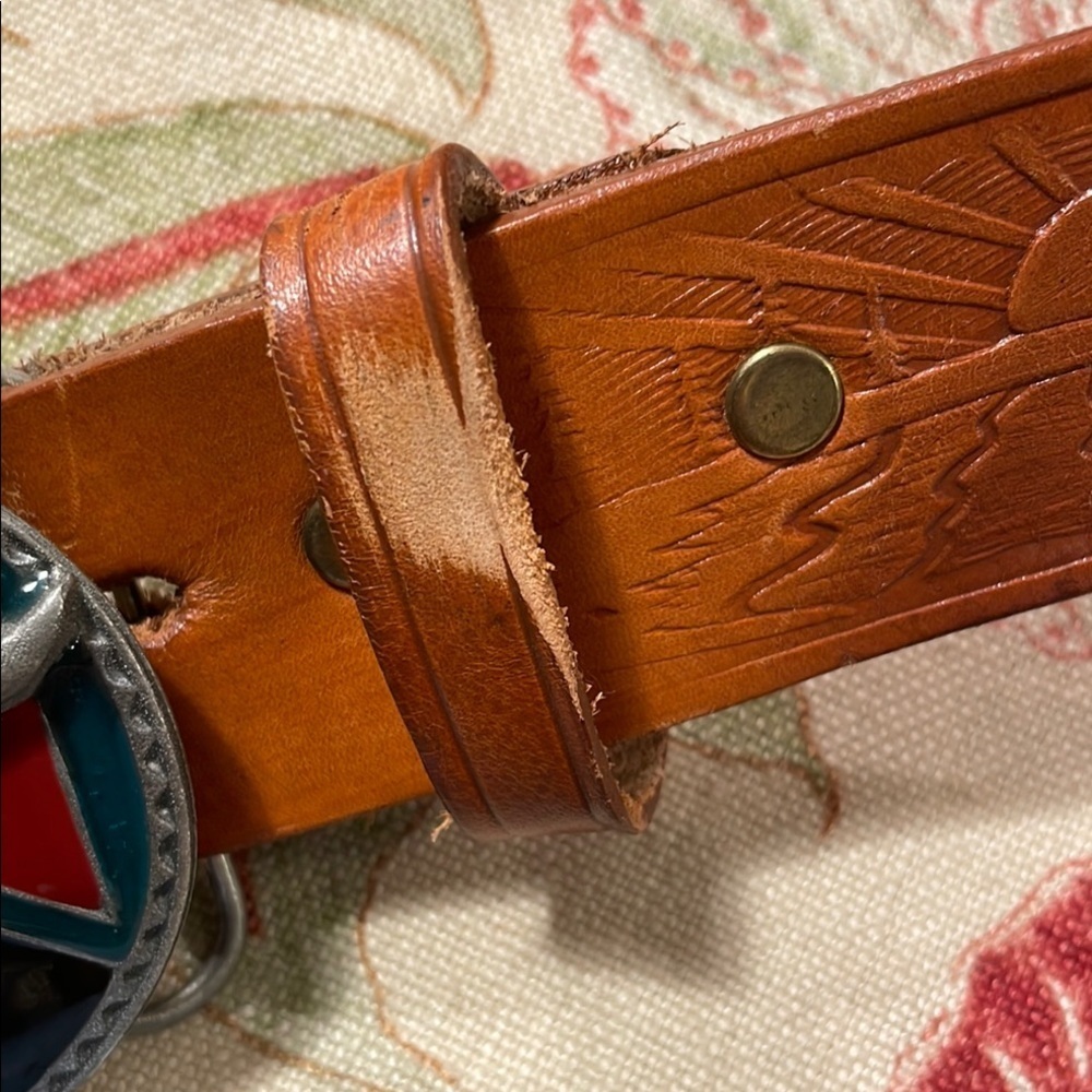 Vtg Longhorn Siskiyou L-89 USA Belt Buckle Etched Cognac Leather Belt - Picture 9 of 13